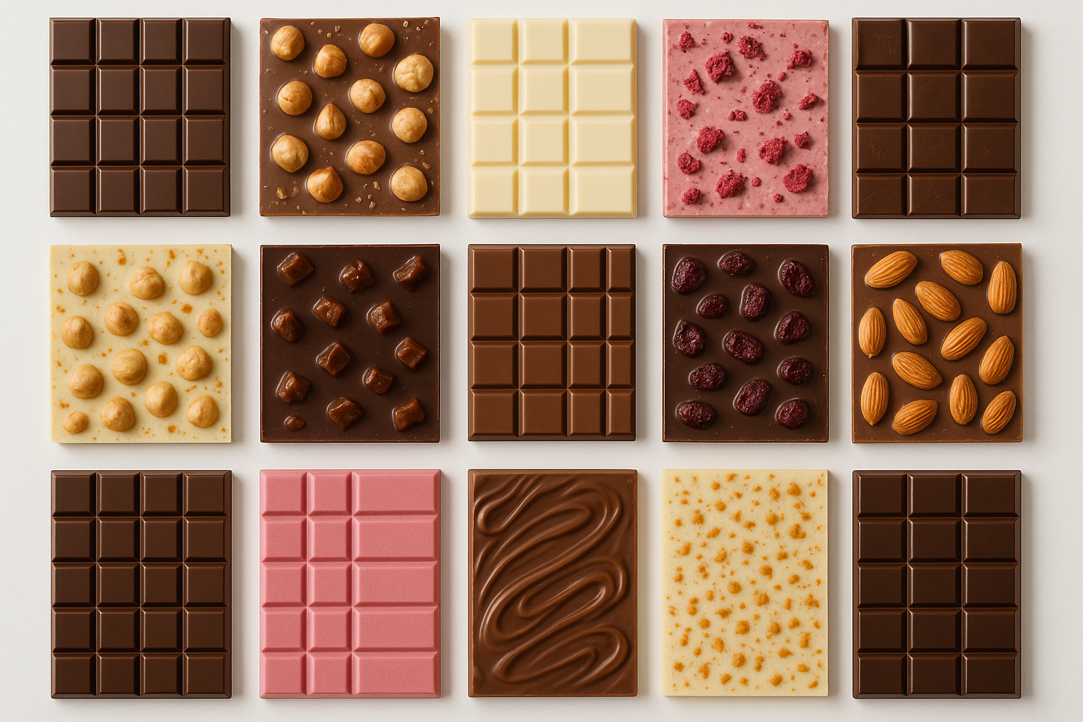 A shot from above of lots of chocolate bars neatly laid out, all different types and colours