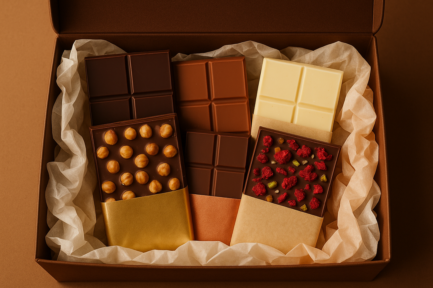 Show the inside of a "chocolate treat box" showing all different chocolate bars inside a box with tissue paper